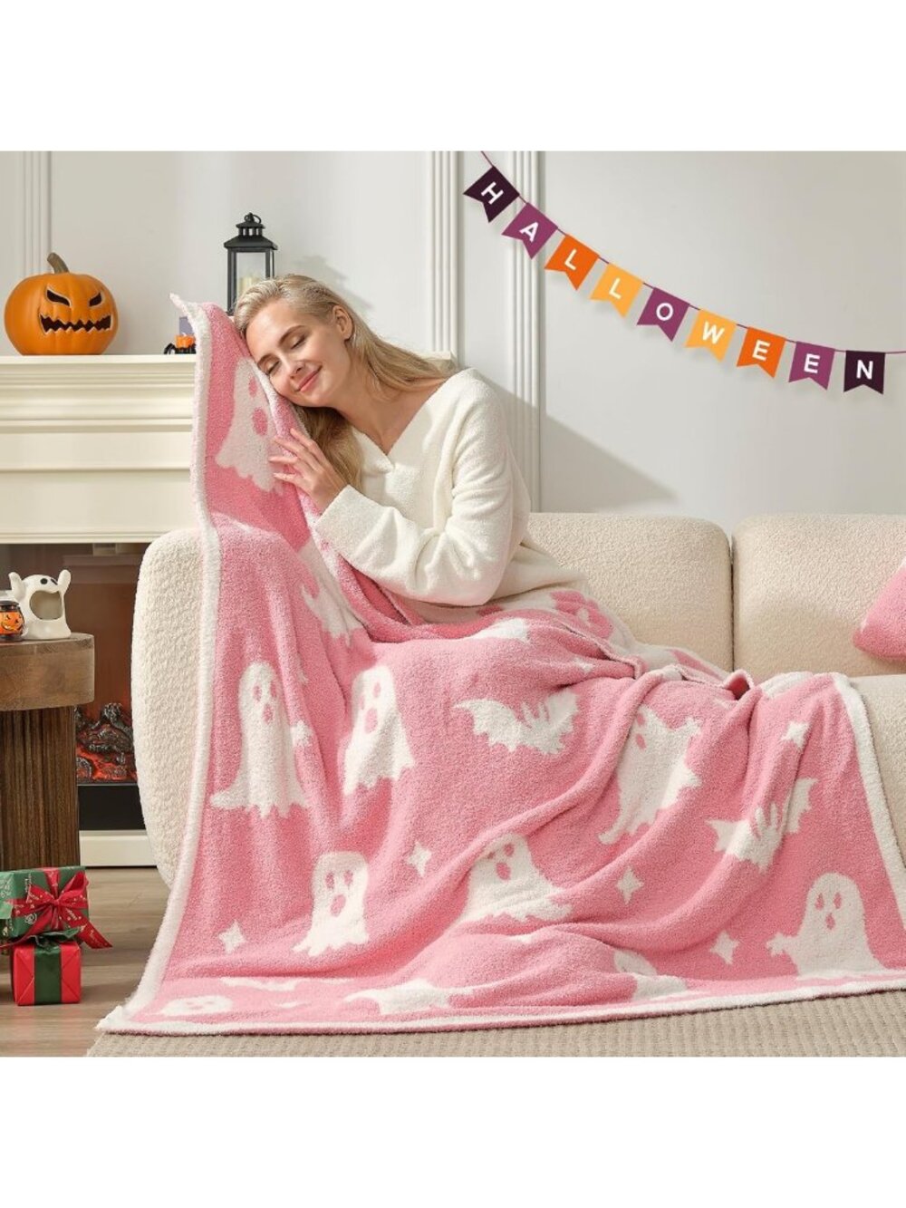 Cozy Halloween Throw Blanket - Pink Ghost & Bat Design, Ultra Soft 50x60" Couch - Picture 2 of 7